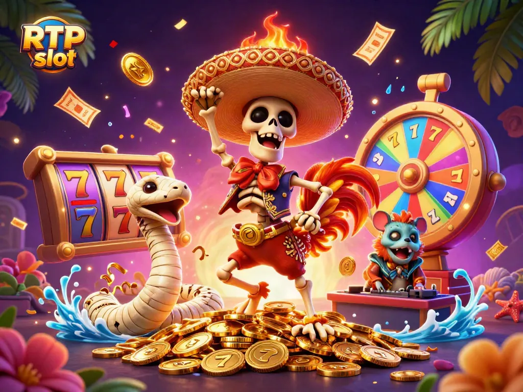 Engage with RTP slot excitement as a dynamic mariachi rooster dances among ancient treasures in a vibrant casino atmosphere.