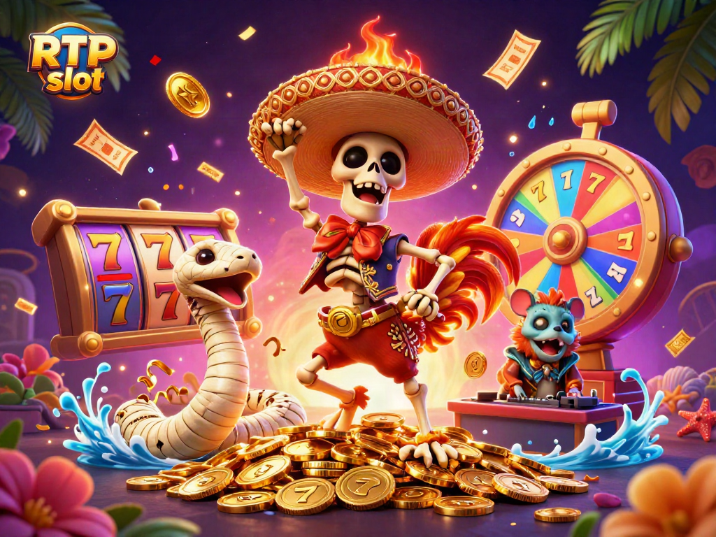 Engage with RTP slot excitement as a dynamic mariachi rooster dances among ancient treasures in a vibrant casino atmosphere.
