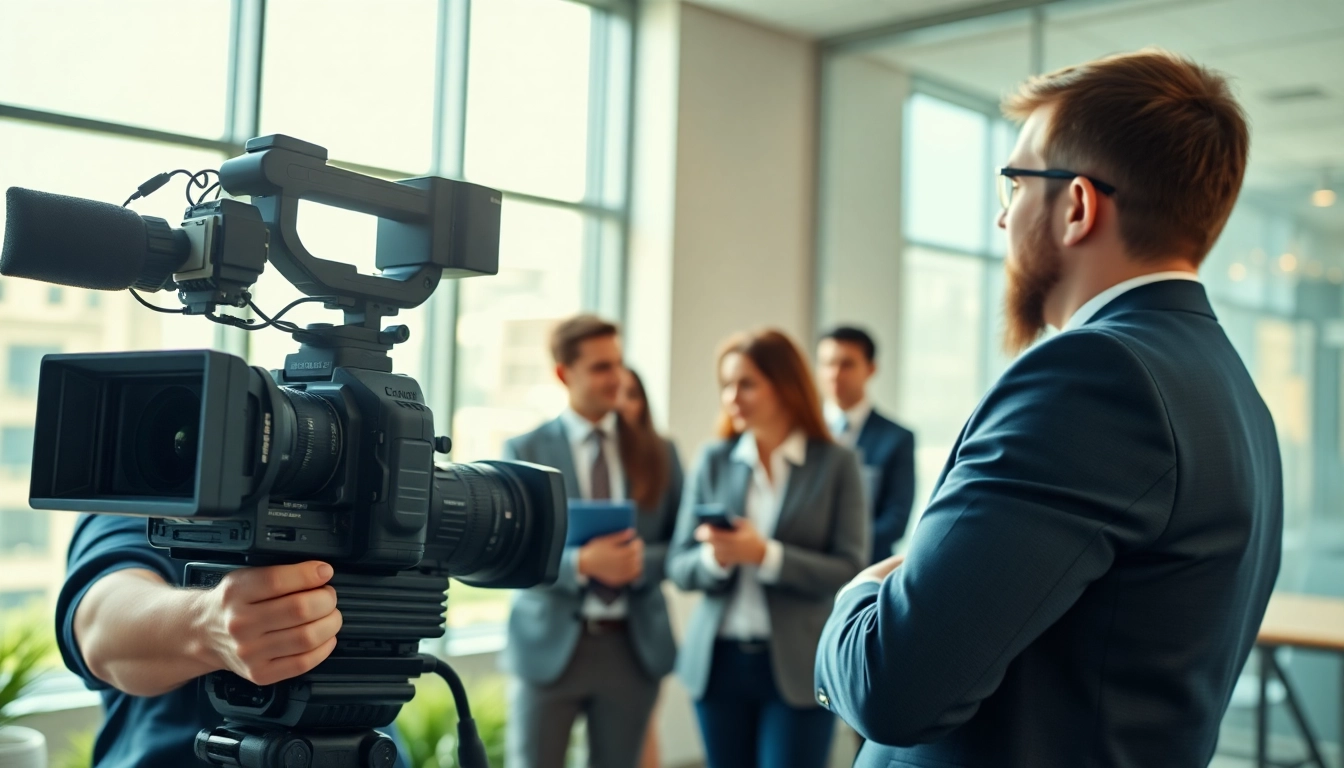 Capture a scene of Corporate Video Production showing filmmakers in action during a business meeting.