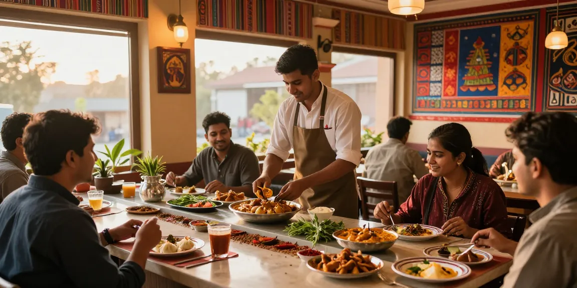 Delicious rokok88 slot dishes served in a vibrant restaurant setting, showcasing Indian curry and Nepalese momo.