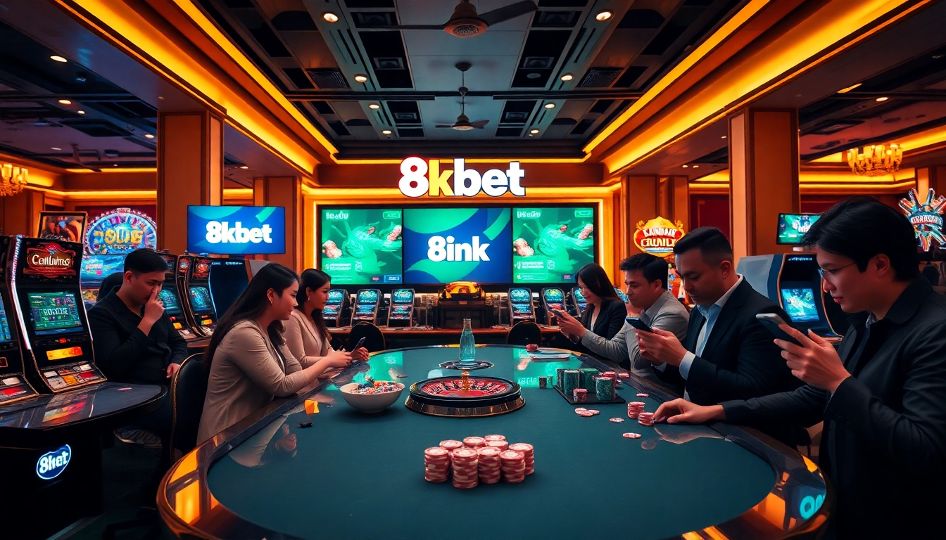 Engaging scene of online gamers with link vào 8kbet highlighted in a vibrant casino setting.