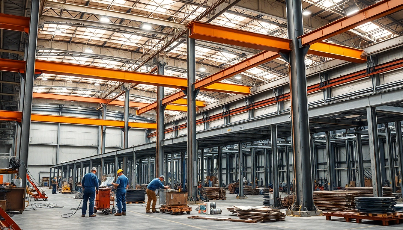 Workers engaged in structural steel fabrication amidst a bustling workshop, highlighting industrial craftsmanship.