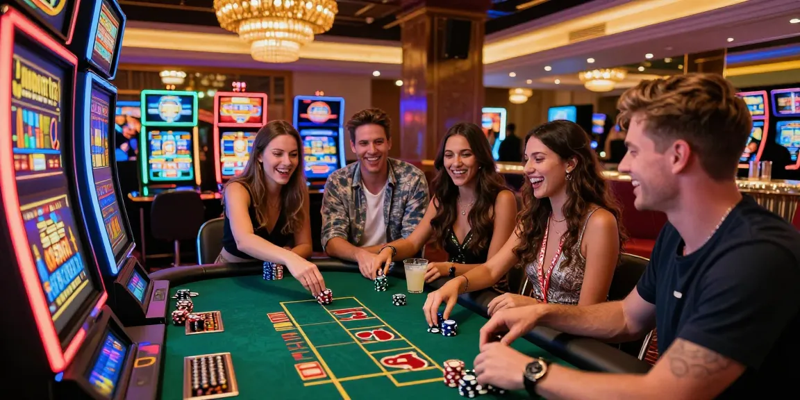 Friends celebrating a jackpot win at JPTOTO casino with flashing lights and vibrant atmosphere.