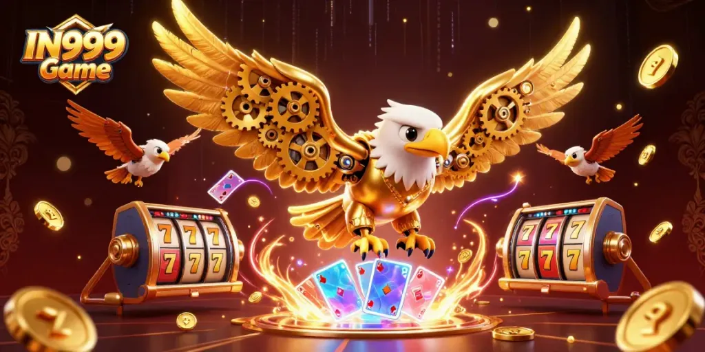 Engage in thrilling gameplay with IN999 Game, featuring dynamic slot reels and a golden eagle.