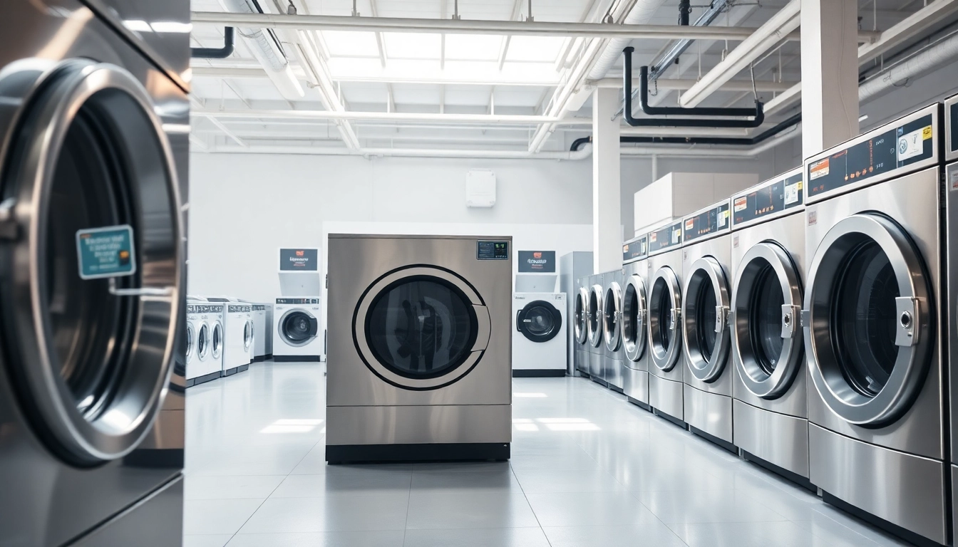 Laundry Equipment Suppliers showcasing state-of-the-art commercial laundry machines in a modern setting.