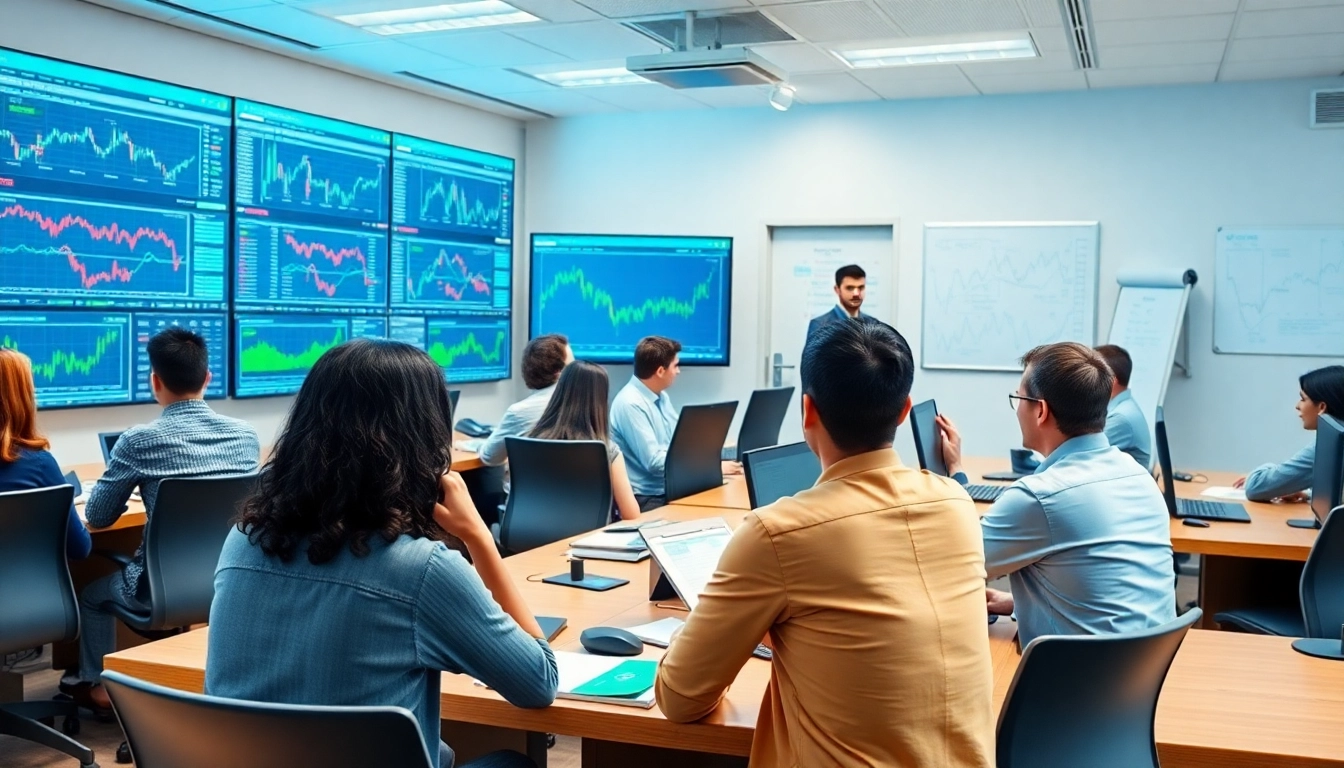 Students at a stock market trading academy engage in trading simulations, learning real-world strategies.
