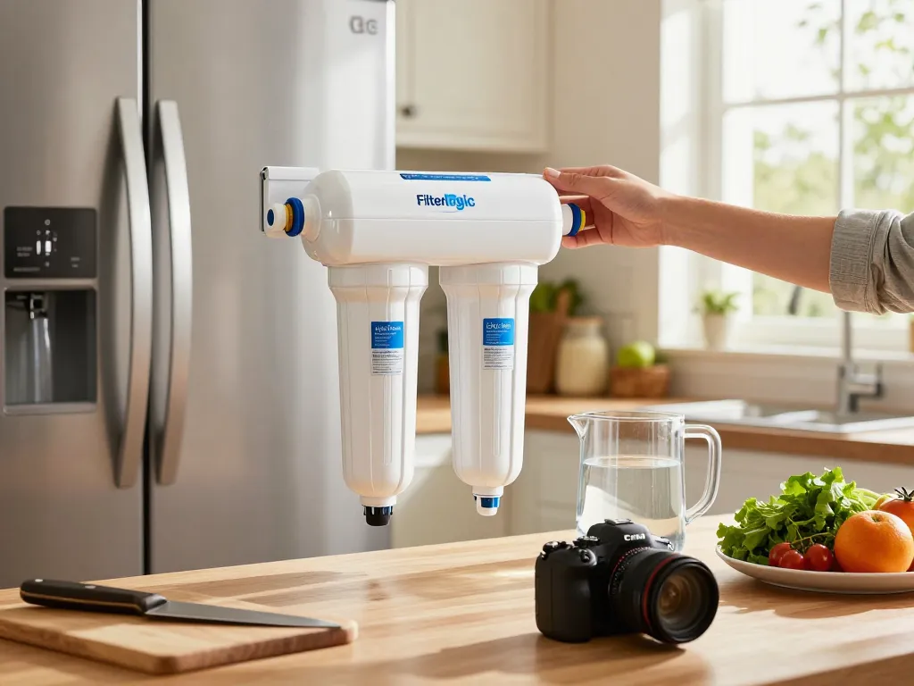 Replacing the Filterlogic LT1000PC ADQ747935 MDJ64844601 NSF Certified Refrigerator Water Filter and Air Filter in a cozy kitchen.