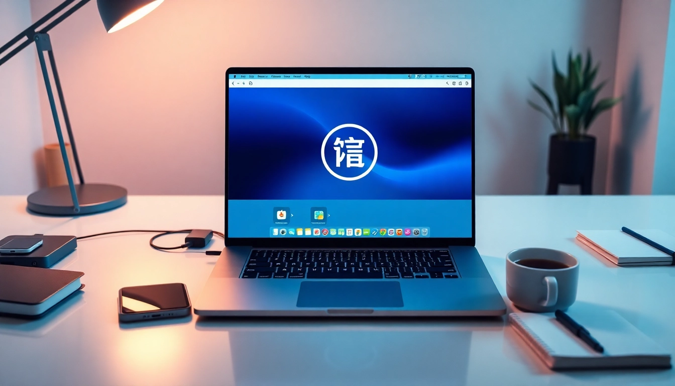 Modern workspace with 爱思助手 software interface on a laptop, showcasing productivity tools.