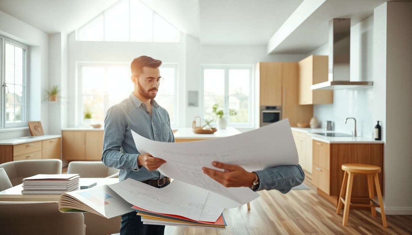 Design professional analyzing plans in a bright home renovation space, showcasing modern interiors.