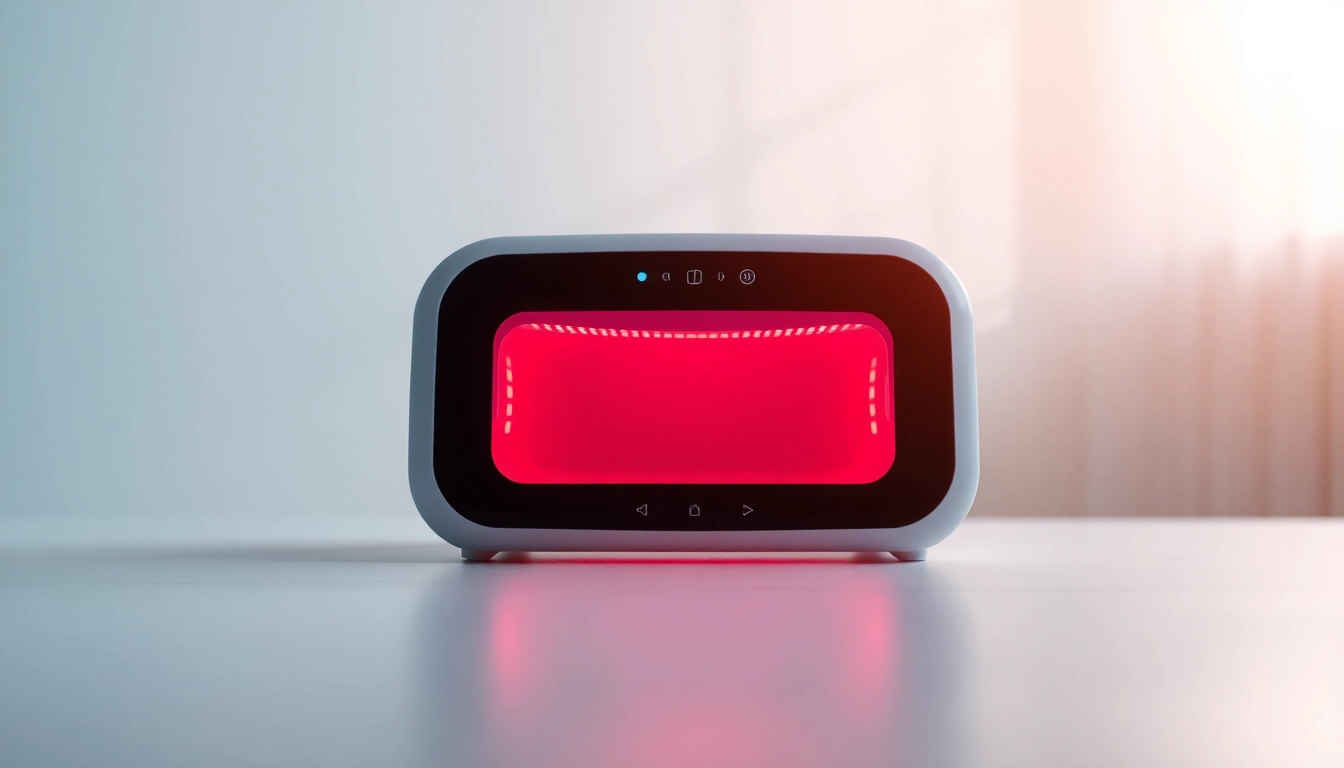 Showcasing the red light therapy device from https://www.biolight.shop with glowing features in a serene setting.