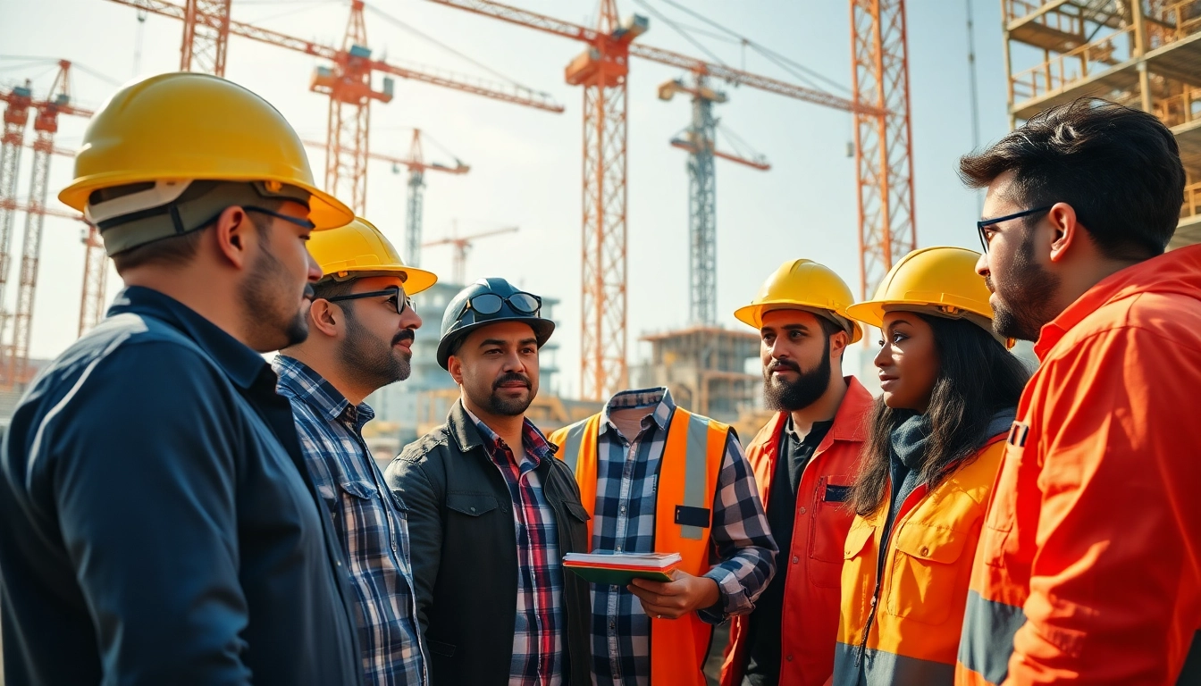 Careers in construction highlighted with diverse workers on an active construction site.