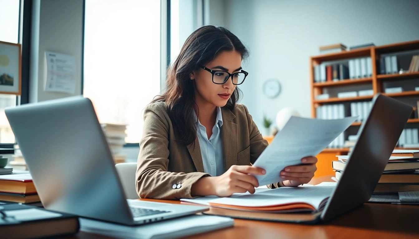 A traductor jurado focusing on translating official documents in a modern, professional workspace.