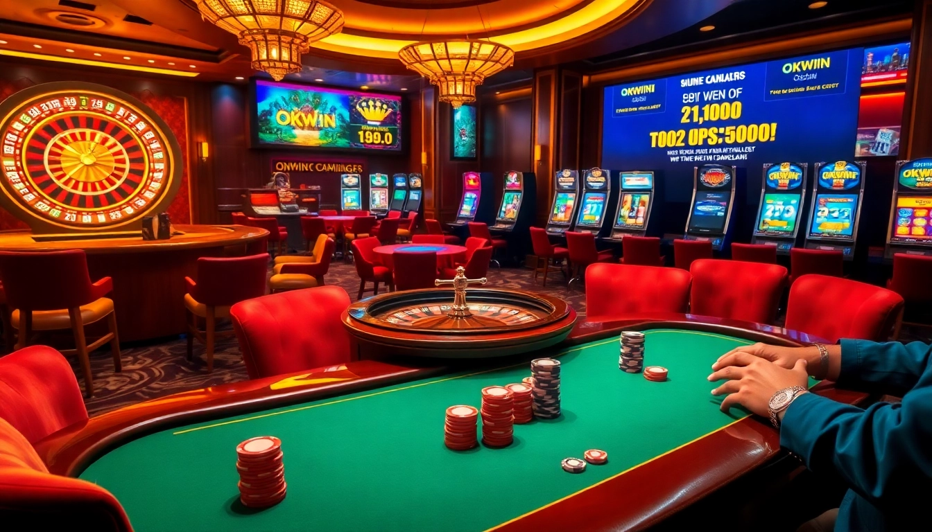 Experience excitement at okwin's vibrant casino tables with players engaging in thrilling games.