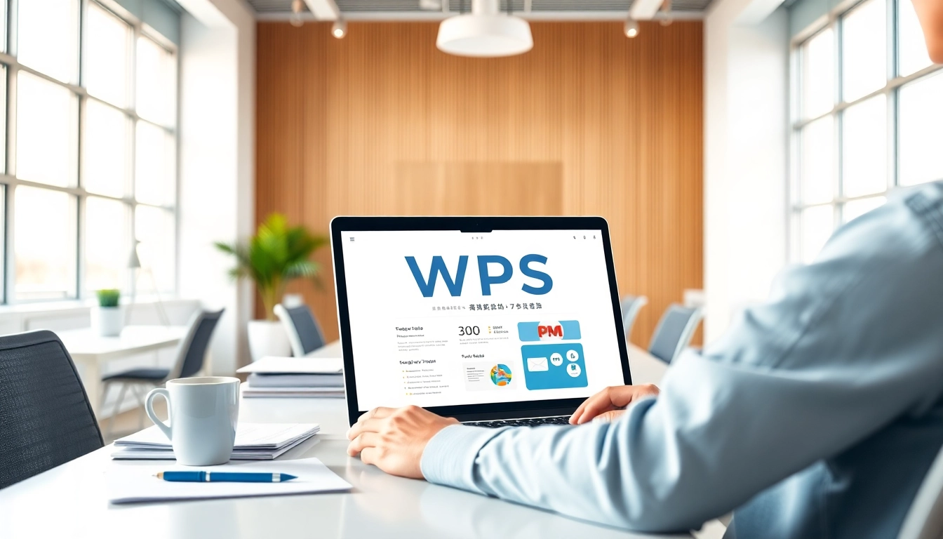 Using WPS办公软件 in a professional office setting, highlighting productivity and modernity.