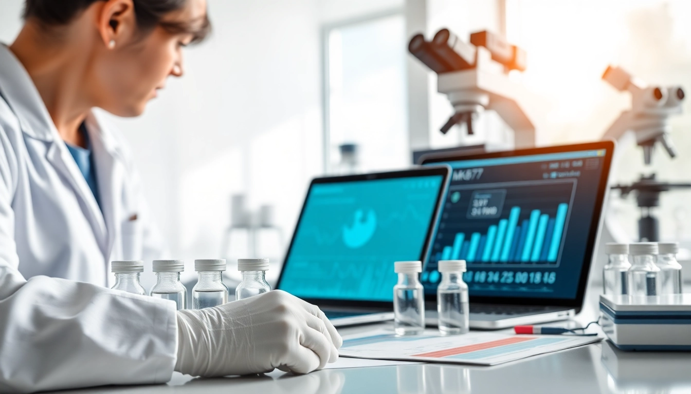Analyze mk677 data in a bright lab setting with charts and scientific equipment.