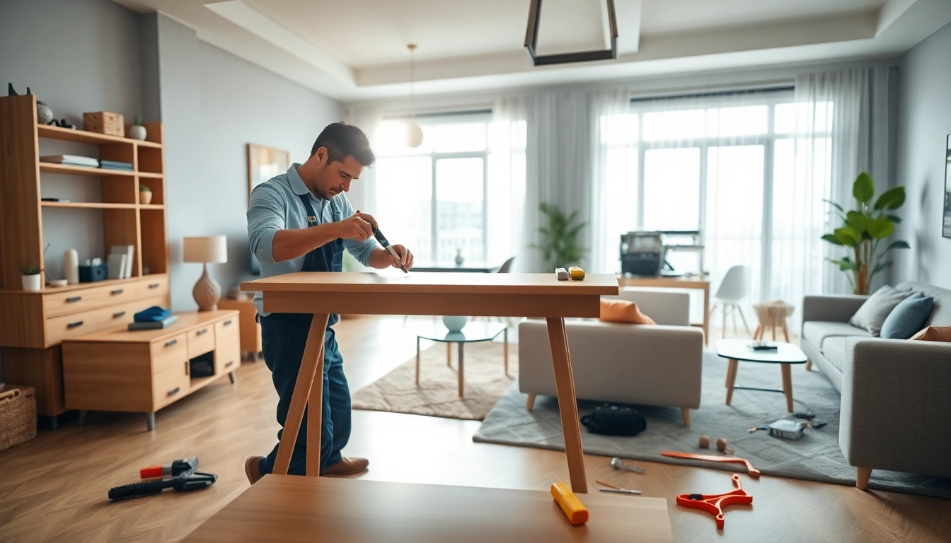 Showcase assembly and installation services with a technician assembling stylish furniture in a welcoming living room.