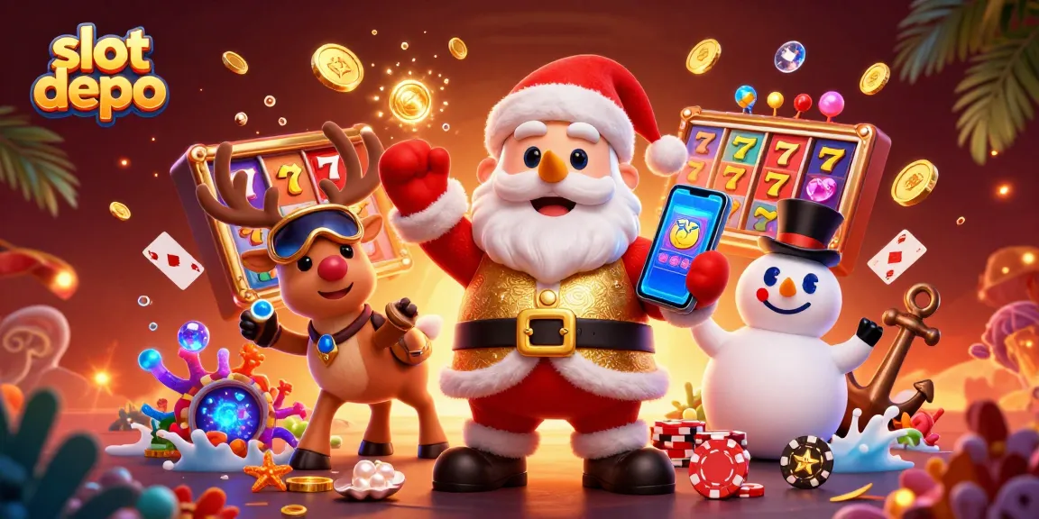 Experience thrill and excitement at slot depo with an engaging 3D casino scene featuring Santa and friends.