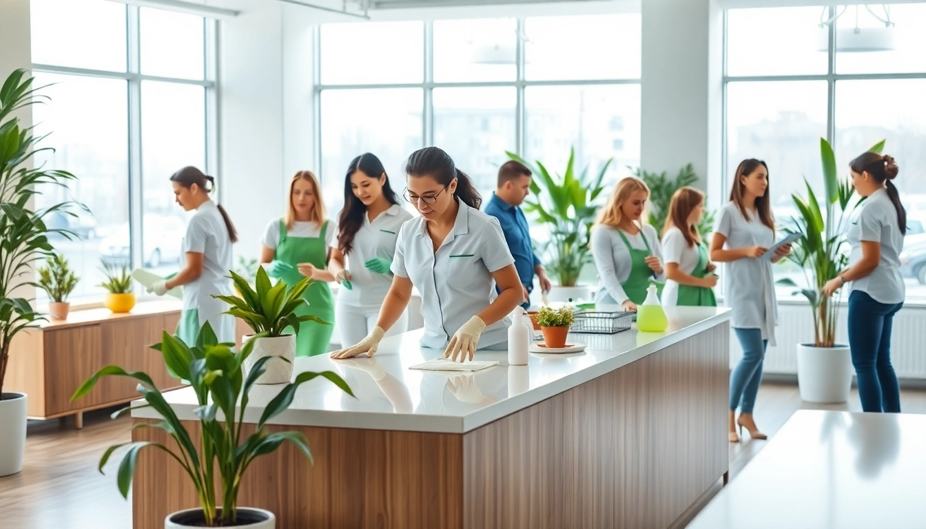 Showcasing a professional cleaning service team at work, promoting cleanliness and efficiency.