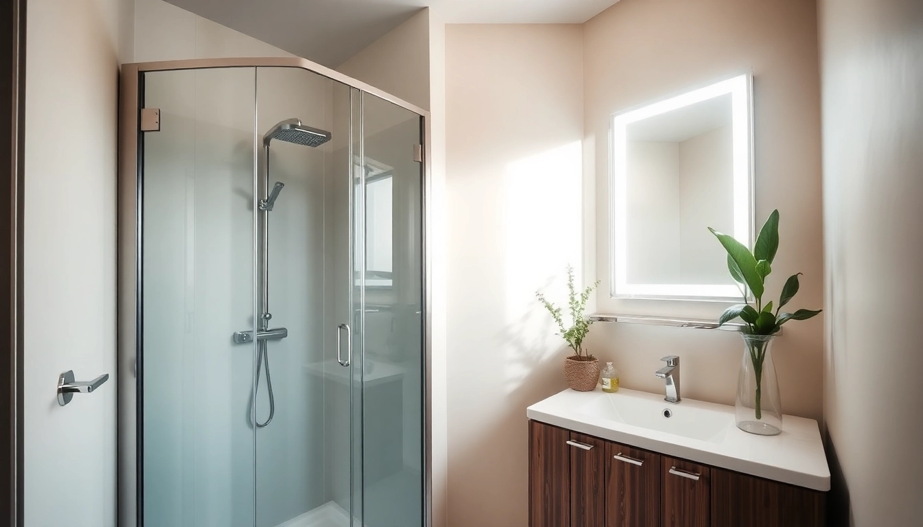 Installation d'un produit sirhona avec miroir LED moderne et cabine de douche raffinée.