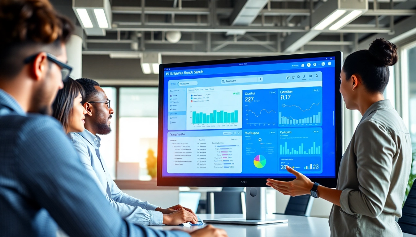 Showcase a team using enterprise search software in a modern office setting.