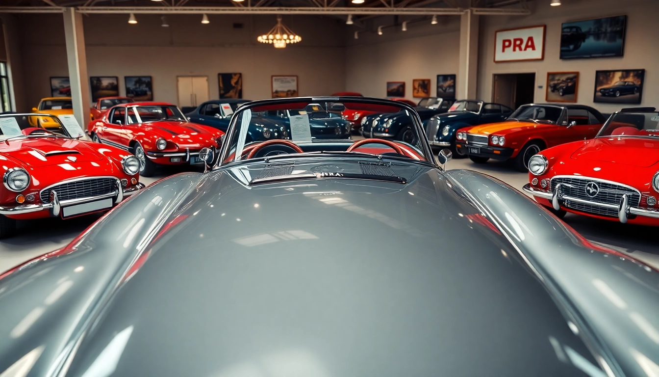 Showcase of PRA Classic Cars in a stunning vintage car showroom environment.