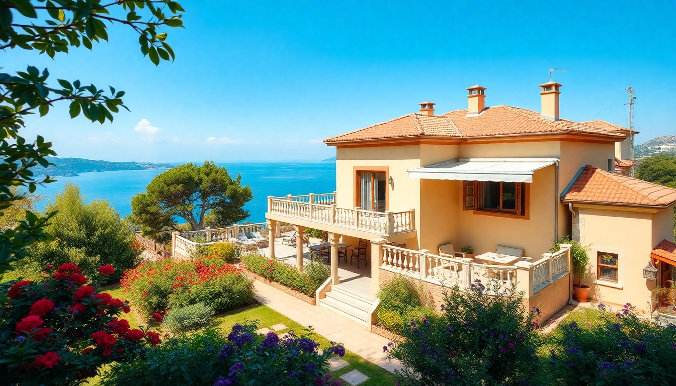 Showcasing stunning real estate in Alanya with a luxurious villa and beautiful sea views.