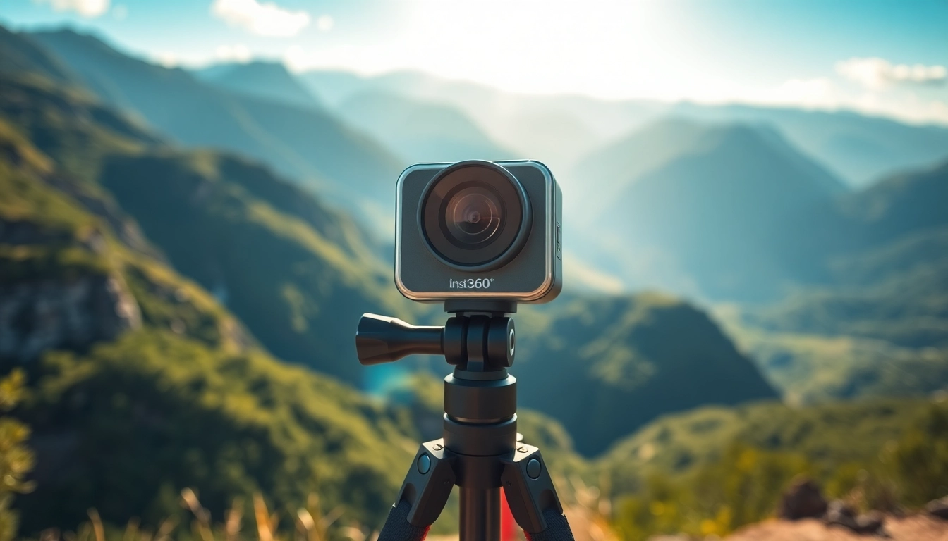 Capture stunning moments with the Insta360 camera set in a vibrant outdoor landscape.