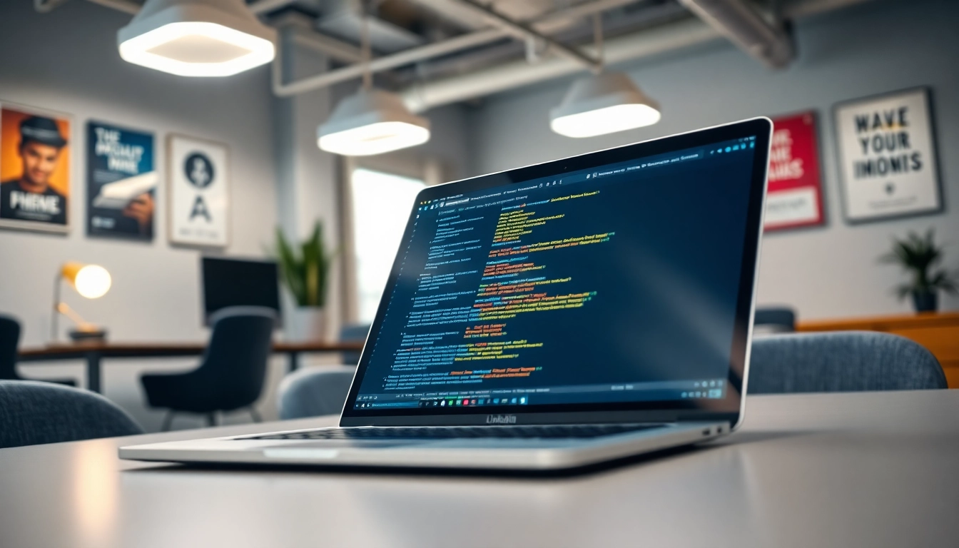 Visualize a linkedin search scraper tool in action on a laptop screen in a modern workspace.