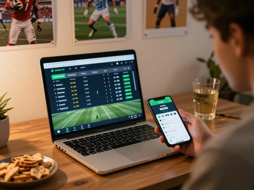 Experience sports betting with MU88 mobile app in a cozy home workspace.