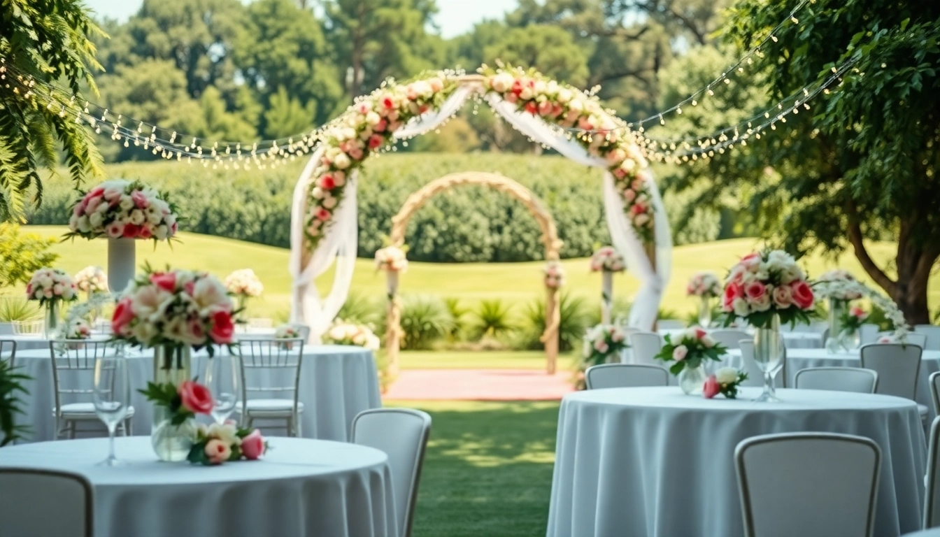 Gestalten Sie eine Hochzeitslocation im Garten mit eleganten Blumenarrangements und festlicher Beleuchtung.