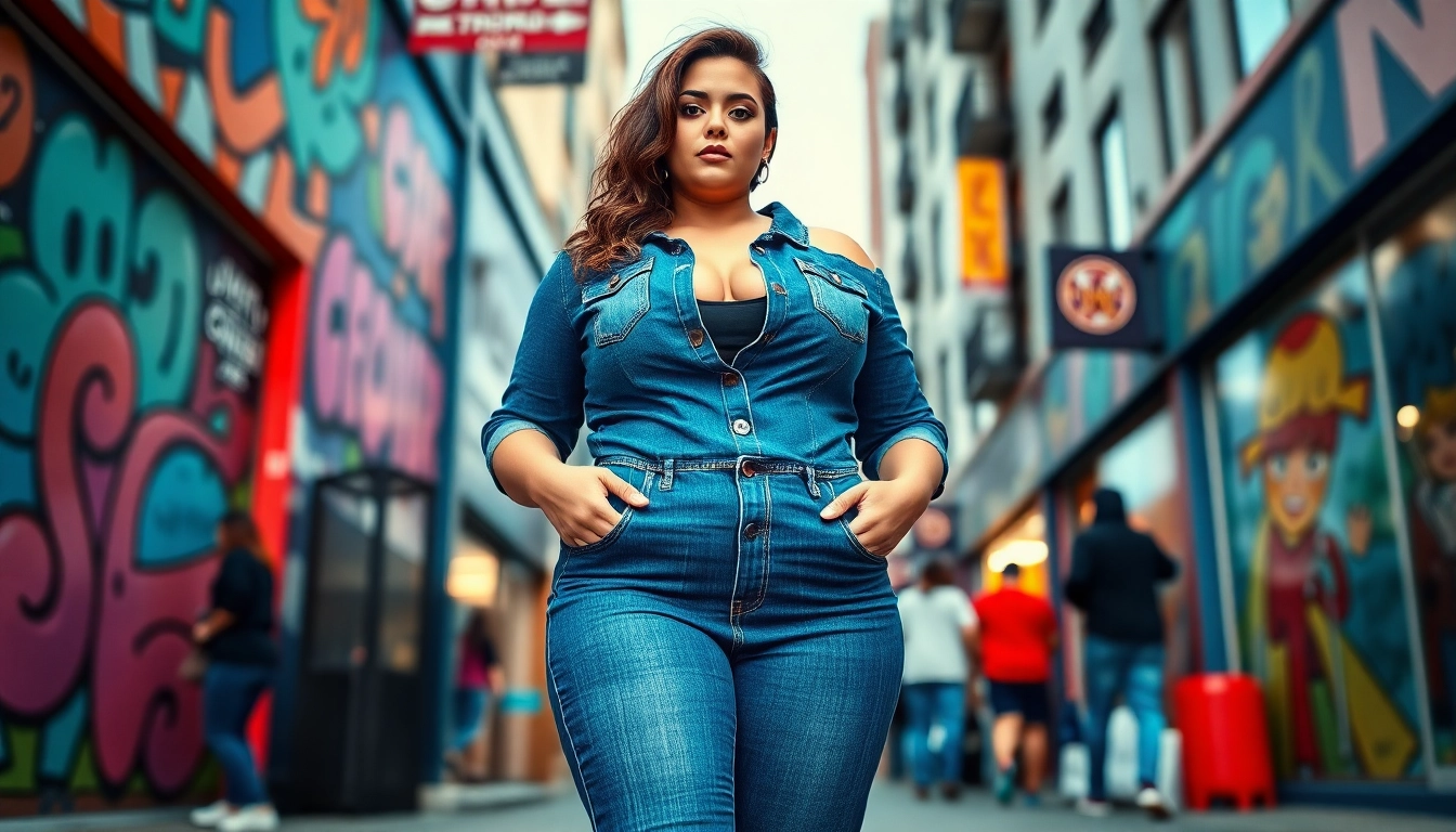 Showcase of stylish curvy fit jeans women on a confident model against an urban backdrop.
