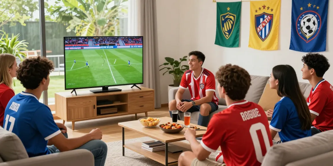 Menonton live streaming bola bersama teman di ruang tamu yang ceria.