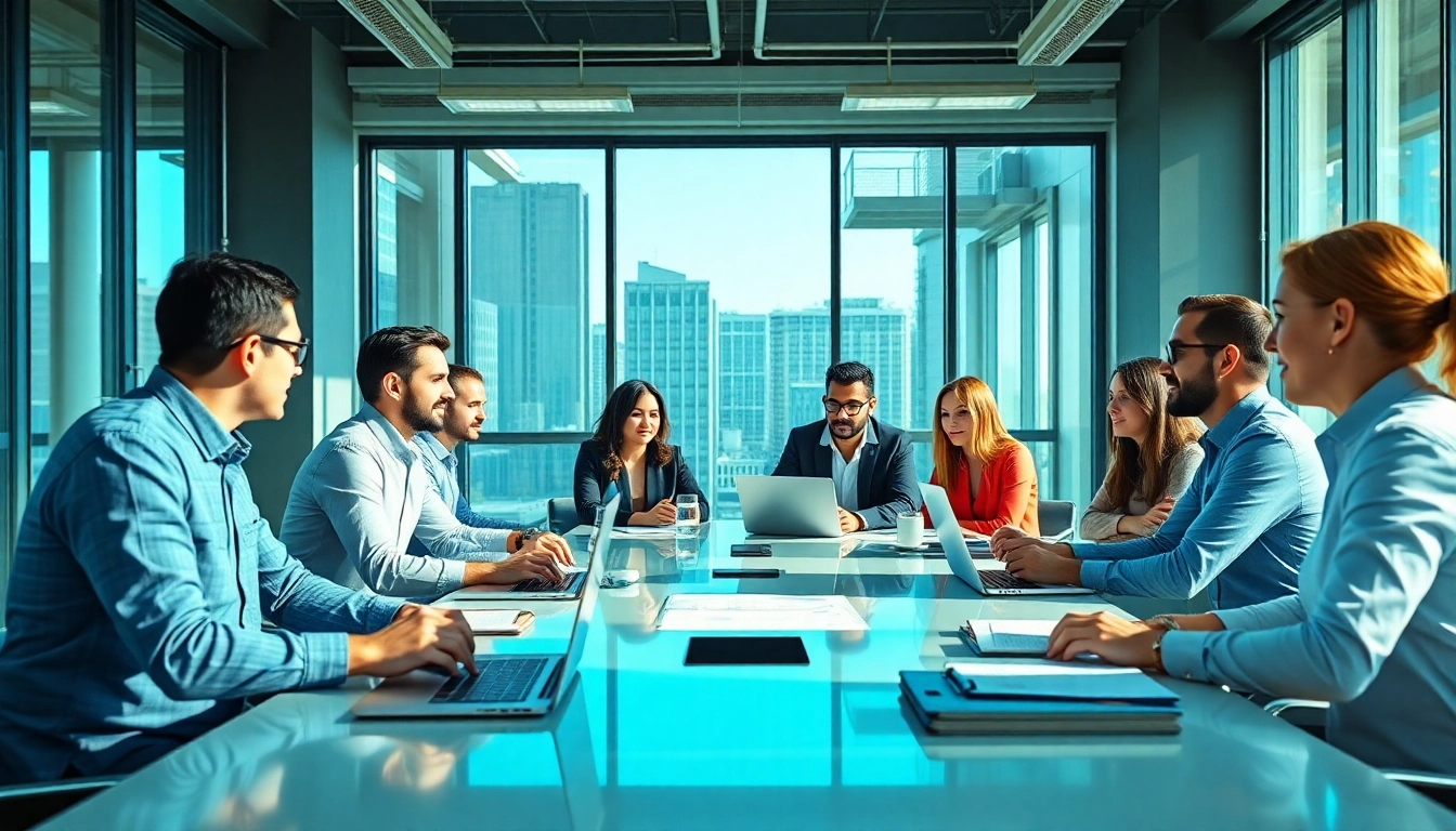 Engaged business team discussing strategies in a bright modern office setting.