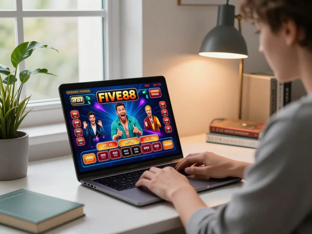Excited player accessing FIVE88 gaming interface on laptop in a cozy home setting