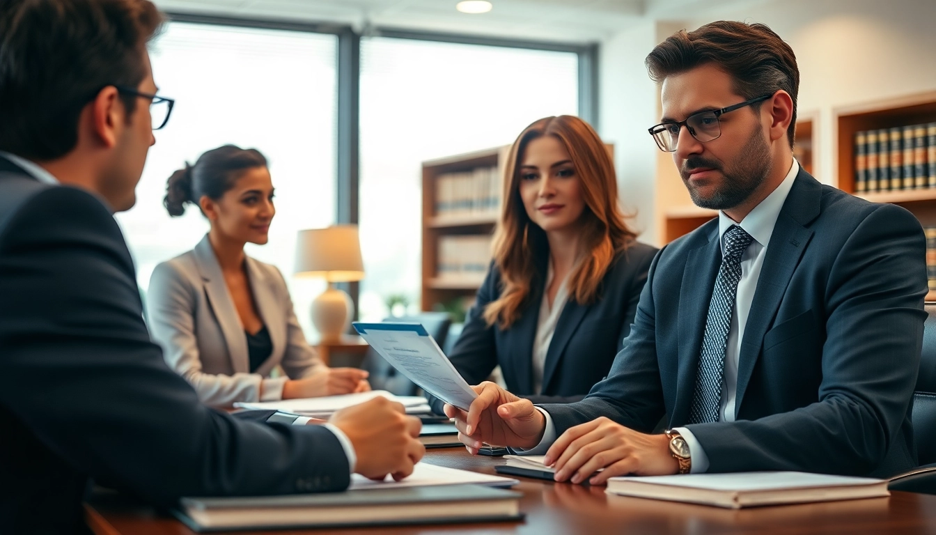 Engaging scene of Miami divorce lawyers consulting clients in a professional office setting.