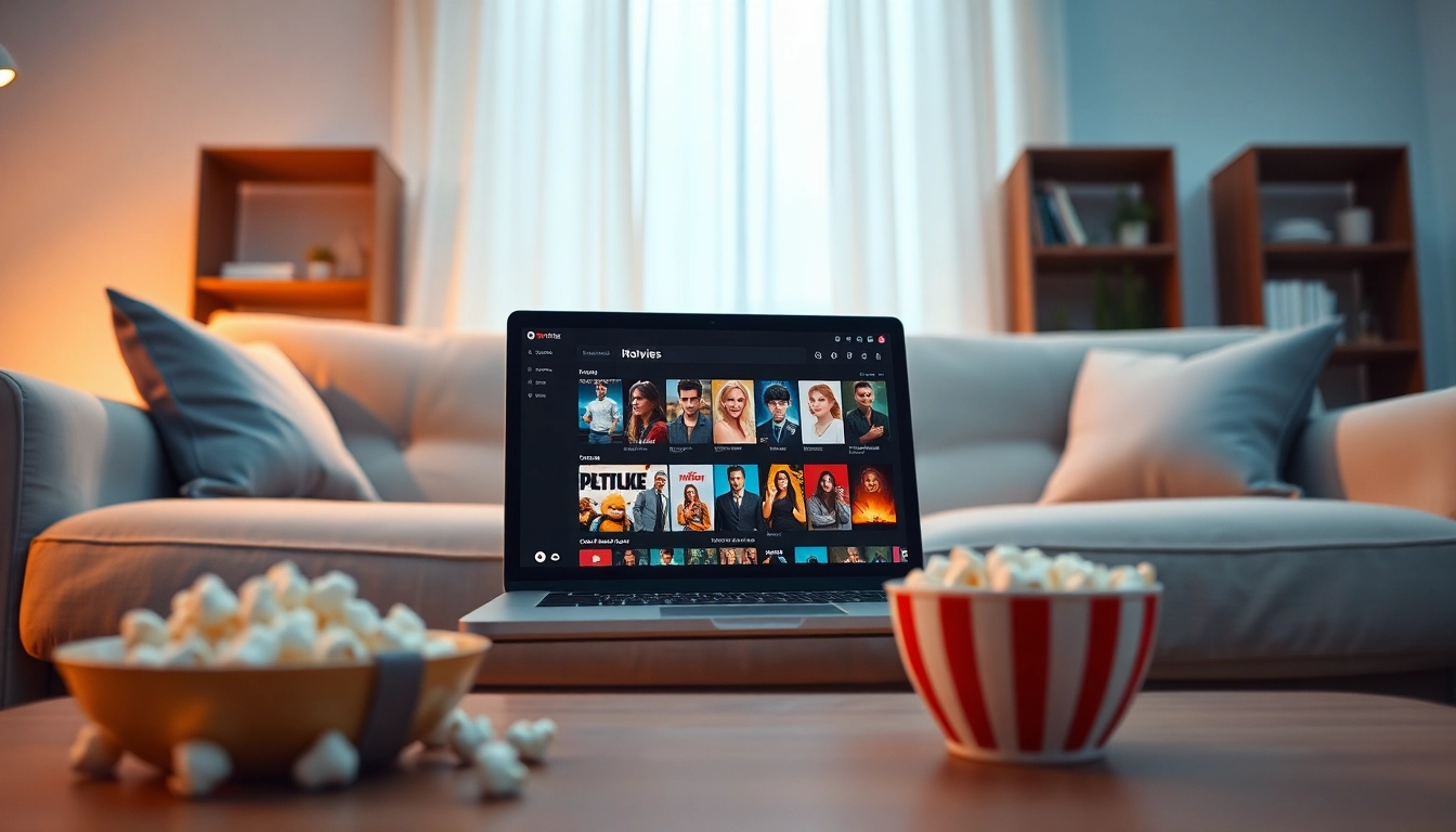 Watch movies online on a laptop in a cozy living room with popcorn.