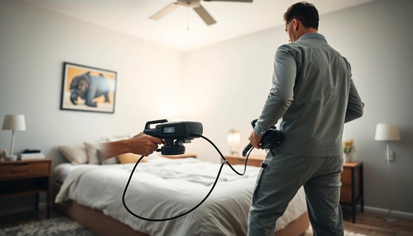 Efficient bed bug exterminator treating a home environment with expert techniques and modern tools.