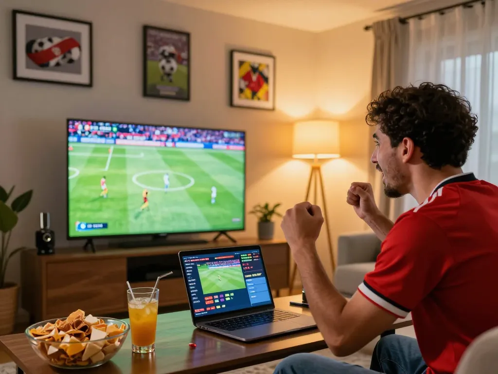 Excited fan enjoying Cakhiatv live soccer match in a vibrant home setting.
