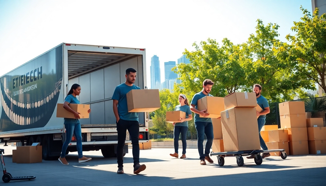 Interstate Removalists Wollongong team efficiently loading a moving truck in a sunny urban setting.