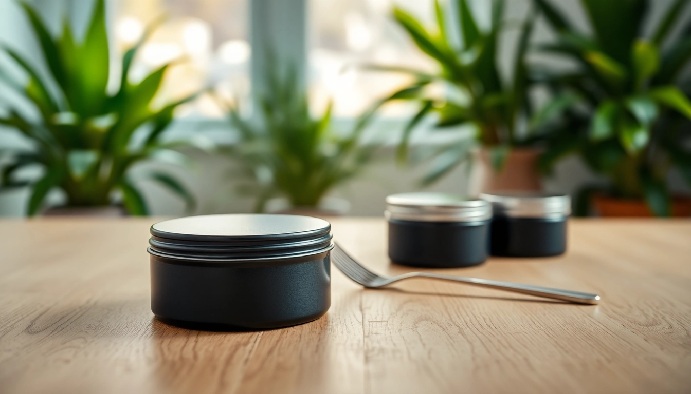 Showcasing stylish black tins on a wooden table, highlighting quality and design.