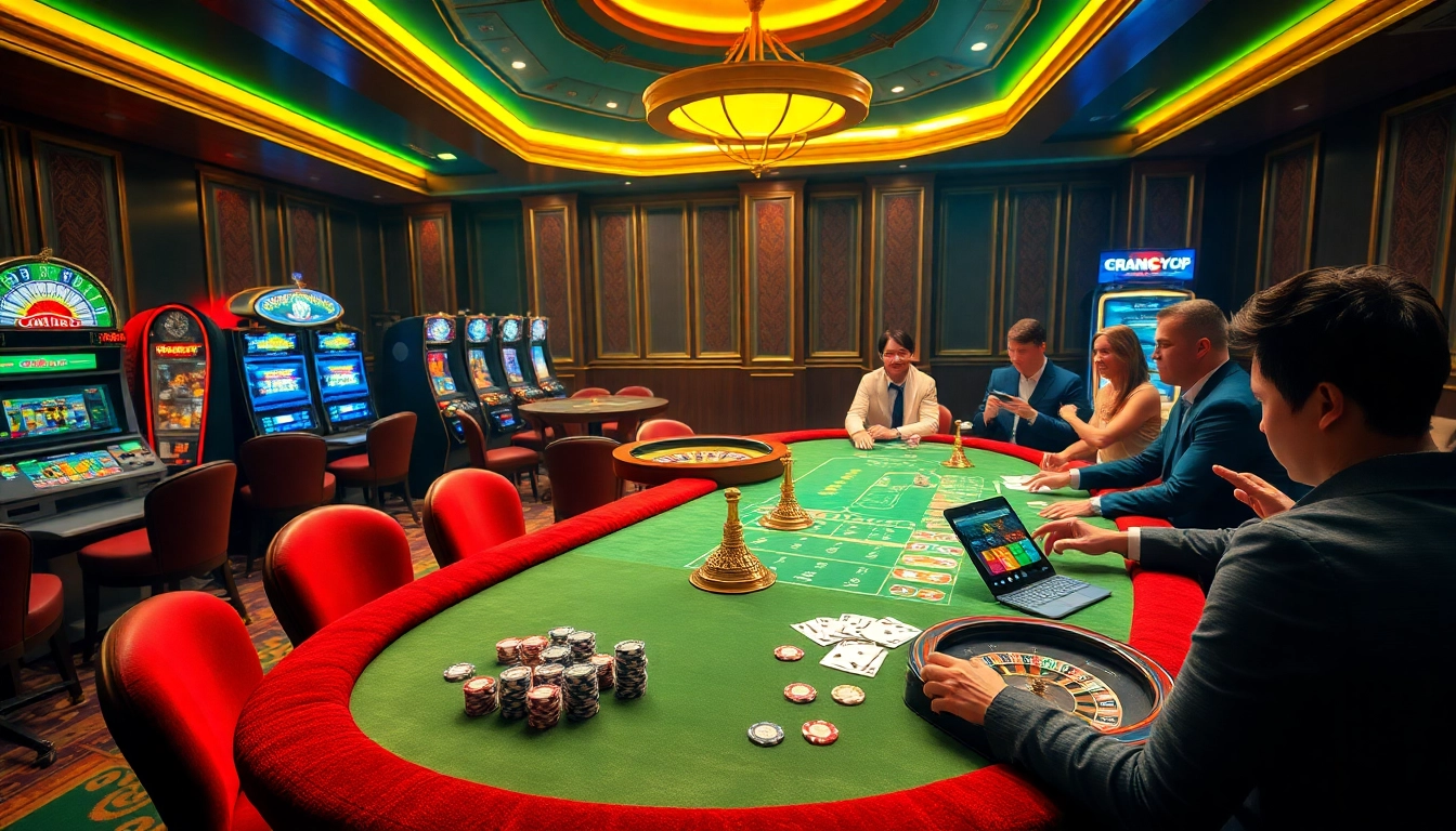 Experience excitement at Trang Chủ RR88 with poker tables, slot machines, and vibrant casino elements.