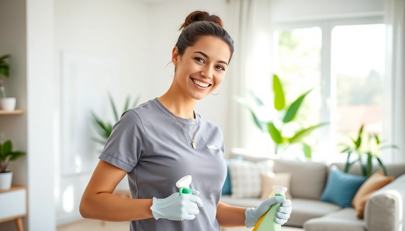Cleaner performing a thorough cleaning service in a bright living space, showcasing professionalism and eco-friendliness.