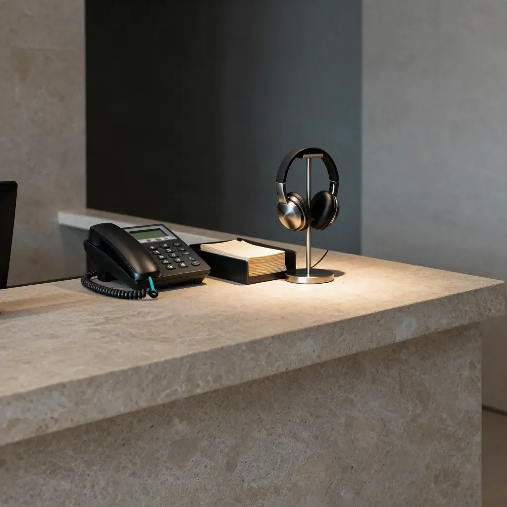 Moody reception nook with desk phone, headset stand, memo tray and lamp by a dark corridor.