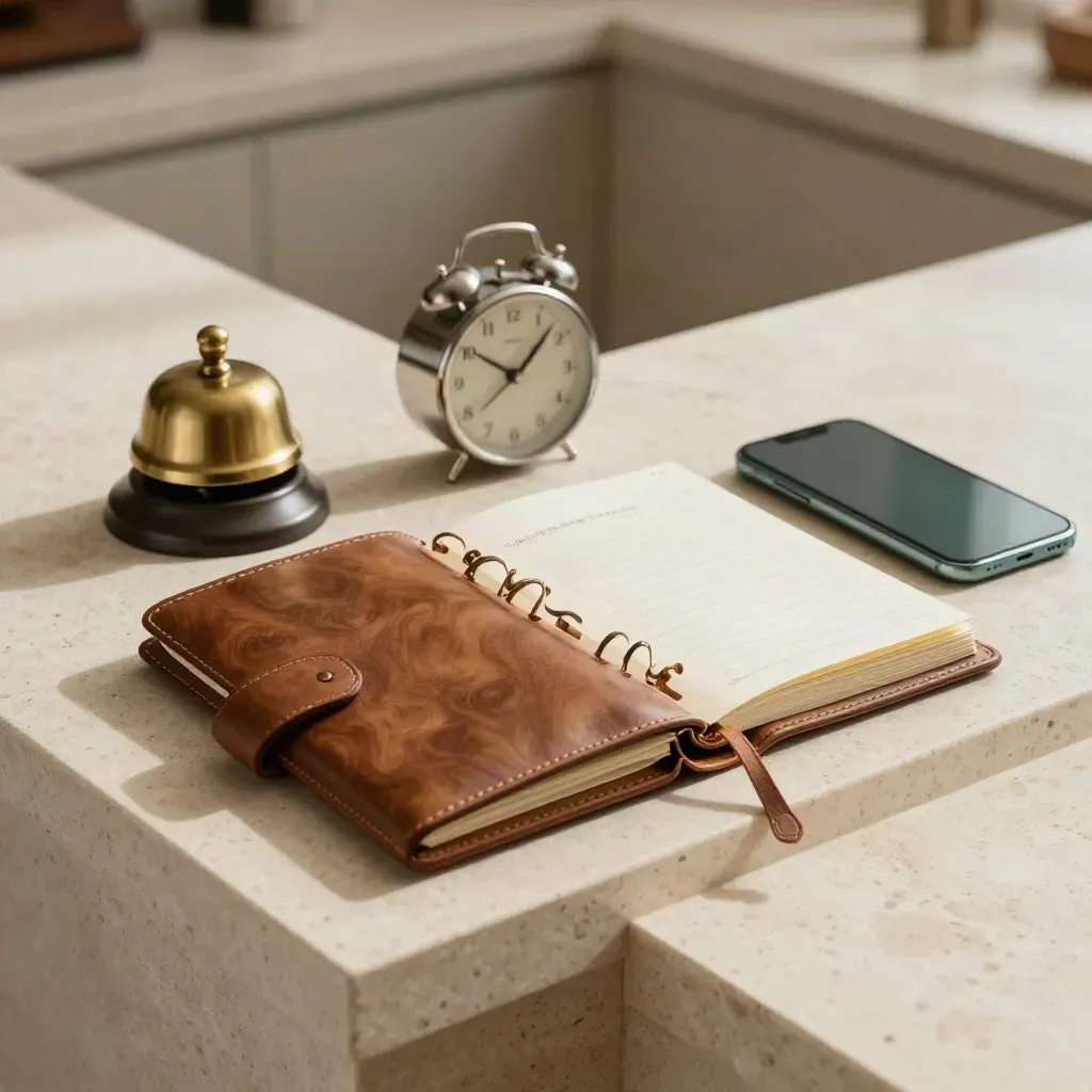 Closed leather planner, desk clock, bell and teal phone on travertine in soft daylight.