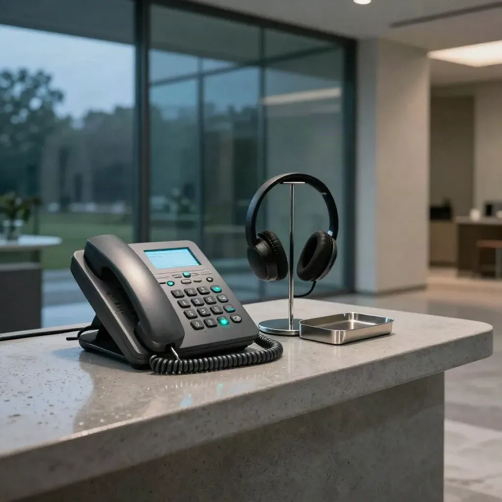 Rain-sheened reception phone cluster glowing at blue hour in a dark modern lobby.