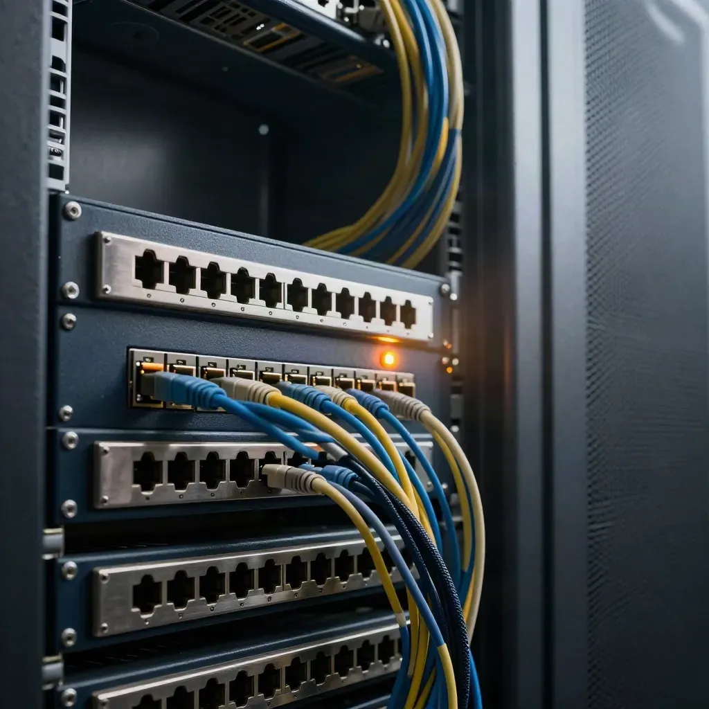 Dark telecom patch panel with glowing route indicators and diagonal cable bundles