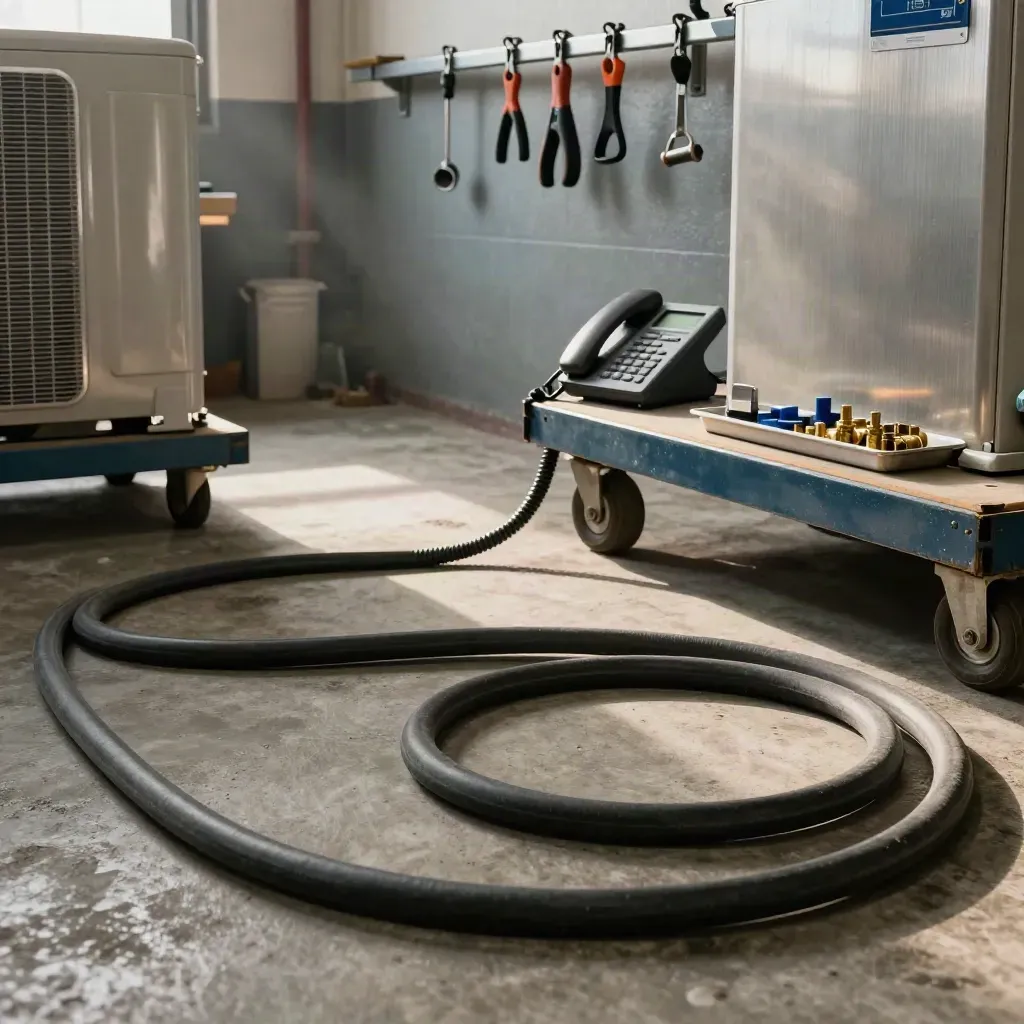 Empty HVAC service bay with coiled hoses, parked cart, lit phone, and tools in late-afternoon dust.