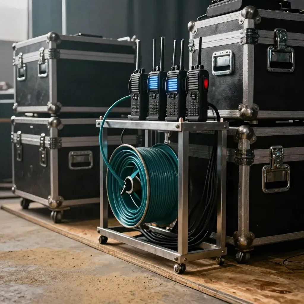 Empty backstage event operations corner with radios, cable spools, and stacked road cases.