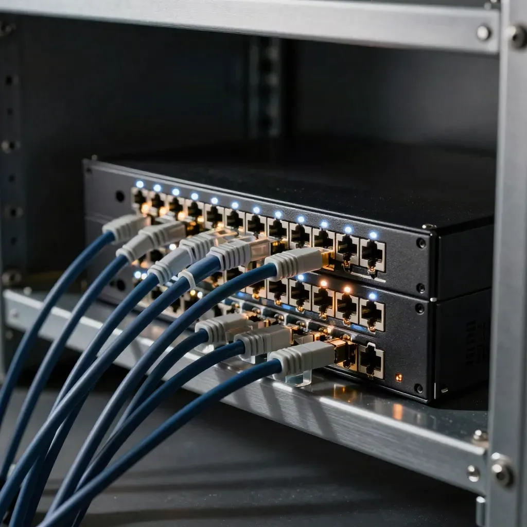 Network switch and telecom patch hub with glowing status lights in a dark rack