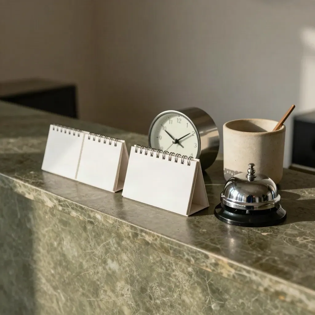Calendar cubes, clock, pen cup and bell on a khaki reception ledge in soft daylight.